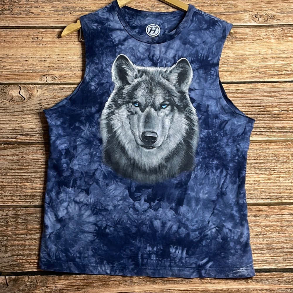 Tie Dye Wolf Shirt Sleeveless Adult Medium Blue